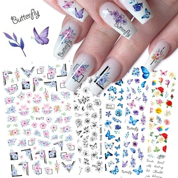 Наклейки для маникюра с голографическими бабочками, синие, черные наклейки, тематические цветы для украшения ногтей, маникюр