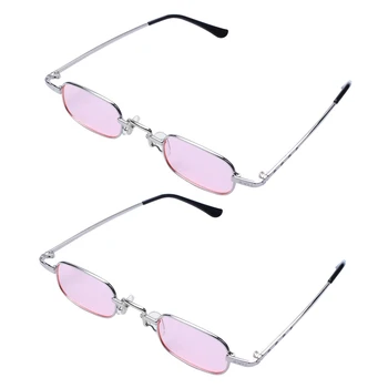 2X Ретро-панк-очки, Прозрачные квадратные солнцезащитные очки, Женские Ретро-солнцезащитные очки, Мужские Металлические оправы-Розовый и серебристый
