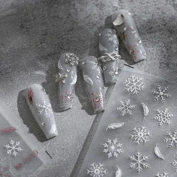 Белое перо снежинки, 5D Мягкие Рельефные рельефы, Самоклеящиеся наклейки для дизайна ногтей, Зимние Милые 3D наклейки для маникюра Оптом