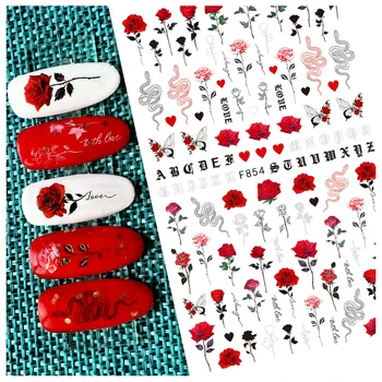 Наклейки для ногтей День Святого Валентина Любовь Красные Розы Буквы старинного шрифта Змеиный клей Наклейки для ногтей Украшение для красоты кончиков ногтей