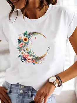 Moon Flower Sweet 90s, милая футболка с рисунком, женская модная женская одежда, футболка с коротким рукавом и принтом, женская одежда, повседневные футболки