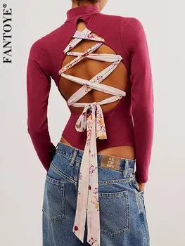 Fantoye Сексуальная Открытая повязка на спине Женское Боди Белое С длинным рукавом Однотонное Повседневное Боди Femme Skinny Элегантная уличная одежда 2023