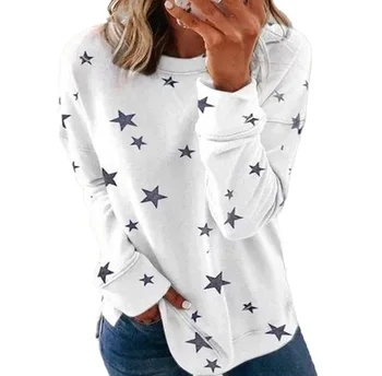Европейская и американская женская модная футболка со звездным принтом, топы с длинным рукавом и круглым вырезом, повседневная футболка, уличная одежда