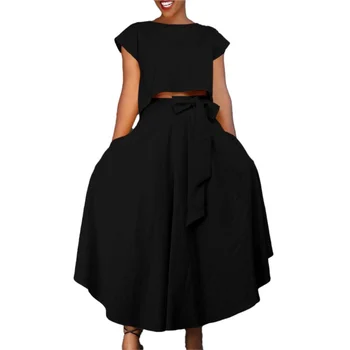 Сексуальное длинное платье, повседневный Женский Африканский комплект, однотонный топ с коротким рукавом, Свободная юбка, комплект из 2 предметов, Летняя элегантная женская одежда 2023 года