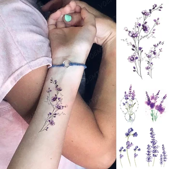 Водонепроницаемая временная татуировка Наклейка Фиолетовая Лавандовая Флэш-татуировка Акварельные цветы Растения Поддельная татуировка на запястье для женщин боди-арта