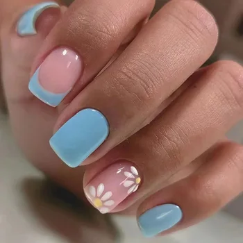 Сладкие летние цветы, синие накладные ногти, Короткие Квадратные французские накладные ногти, искусственные ногти, кончики ногтей, маникюр