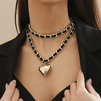 IngeSight.Z 2 шт./компл. панк-металлическое ожерелье с подвеской в виде персикового сердца для женщин, готическое черное колье с кубинской цепочкой из искусственной кожи, набор колье-цепочек