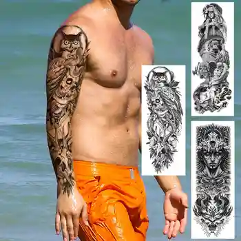 Сделай сам Временные татуировки на всю руку для мужчин Женщин взрослых Сова Змея Поддельная Татуировка Наклейка Моющийся Реалистичный Череп Боди Арт Тату
