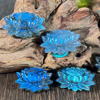 Натуральный лабрадорит оригинальный камень резьба по кристаллу вспышка синего света украшение в виде цветка лотоса кулон для медитации