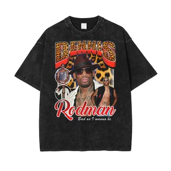 Уличная одежда в стиле хип-хоп, выстиранные футболки, Летняя мода 2023 года, футболка с портретным принтом Денниса Родмана, Мужская хлопковая футболка Harajuku Оверсайз