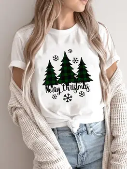 Веселого Рождества, женская праздничная рубашка, модная женская одежда в клетку в стиле елки, Милые новогодние футболки с принтом, футболка с графическим рисунком, футболка