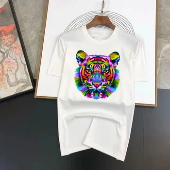 Мужская футболка из 100% хлопка с забавным цветным рисунком, рисунком Льва/тигра, футболка с коротким рукавом оверсайз, бесплатная доставка