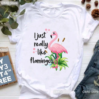 Мне просто очень нравится футболка с графическим принтом фламинго, женская одежда 2023, Забавная белая повседневная футболка, летние топы для девочек, футболка