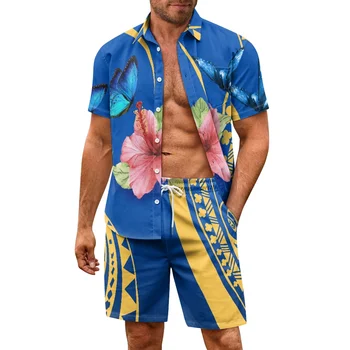 Летняя рубашка с коротким рукавом Повседневный свободный комплект для отдыха Спортивные пляжные шорты Гавайская пляжная вечеринка С индивидуальным полинезийским рисунком
