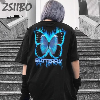 Футболка женская с бабочкой и буквенным принтом в стиле хип-хоп, летняя футболка с коротким рукавом, хлопковая мужская футболка Harajuku, уличная одежда