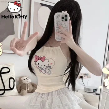 Sanrio Hello Kitty, Милая девушка, Милая Сексуальная, Пикантная Майка в стиле девушки, Летний Кроп-топ с изображением Медведя из аниме Каваи, Модные майки в стиле Лолиты
