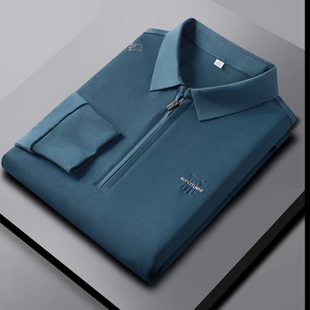 Высококачественная брендовая рубашка поло Мужская с длинным рукавом 2023 весна и осень с отворотом модная деловая повседневная однотонная футболка на молнии