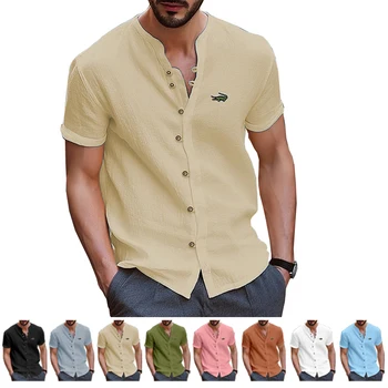 Рубашки, устойчивые к образованию складок, мужские Летние Новые хлопчатобумажные льняные рубашки с короткими рукавами, деловые повседневные футболки свободного кроя с высокой эластичностью