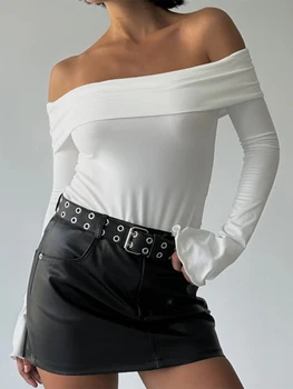 Женский укороченный топ с длинным рукавом, обтягивающая рубашка с открытыми плечами, Y2k, сексуальная однотонная приталенная блузка, Футболки, уличная одежда
