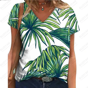 Женская летняя новинка 2023 года, футболка с 3D цифровой печатью в виде листьев, хит продаж, Женский повседневный топ в гавайском стиле с V-образным вырезом